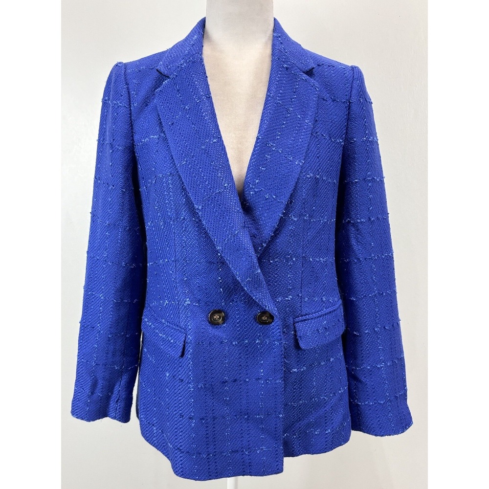 NEW! Ann Taylor The Double Breasted Long Blazer Jacket Sz 8p Petite Blue Tweed